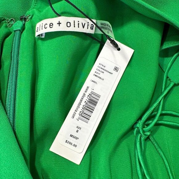NWT Alice + Olivia Palmira Emerald Green Tie Back Ruffle Mini Dress Size 8 - Picture 6 of 7
